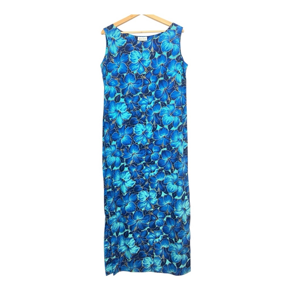 Vintage Hawaiian Floral Blue Sleeveless maxi Dress